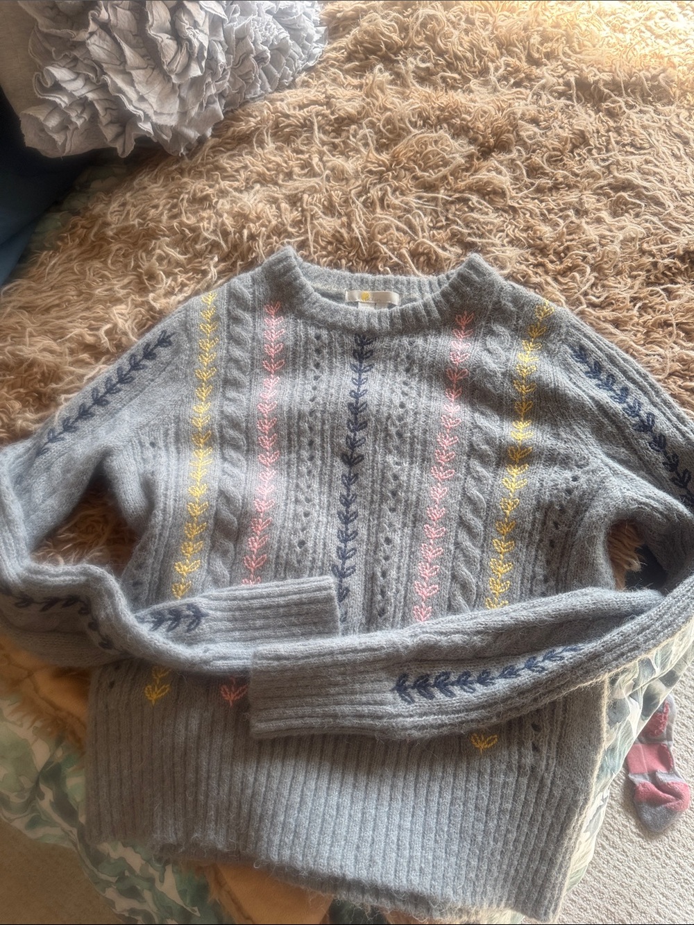 Boden Grey Crewneck Sweater with Pink, Yellow & Navy Embroidery